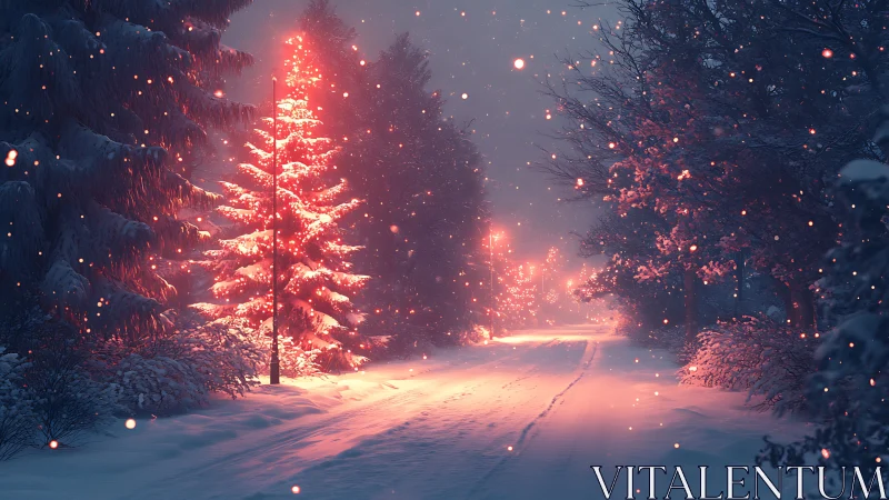 Photorealistic winter avenue with luminous crimson pines.