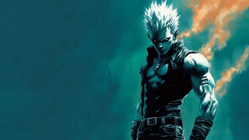 White‑haired warrior ignited by teal shadows and flame.