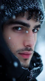Close portrait of a young adult in winter snowfall conditions