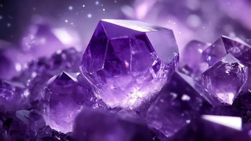 Glimmering violet crystals glowing in a dreamy twilight.