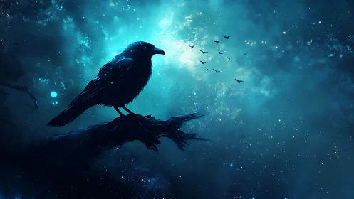 Silhouetted Raven on Branch Against Luminous Turquoise Sky