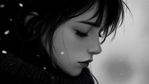 Quiet winter portrait of a thoughtful girl in soft snowfall.