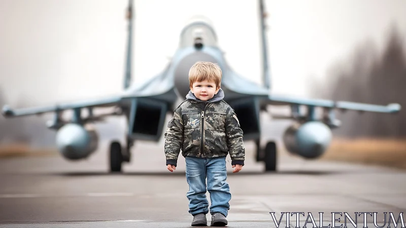 Child stands centered before aircraft in military uniform jacket display.