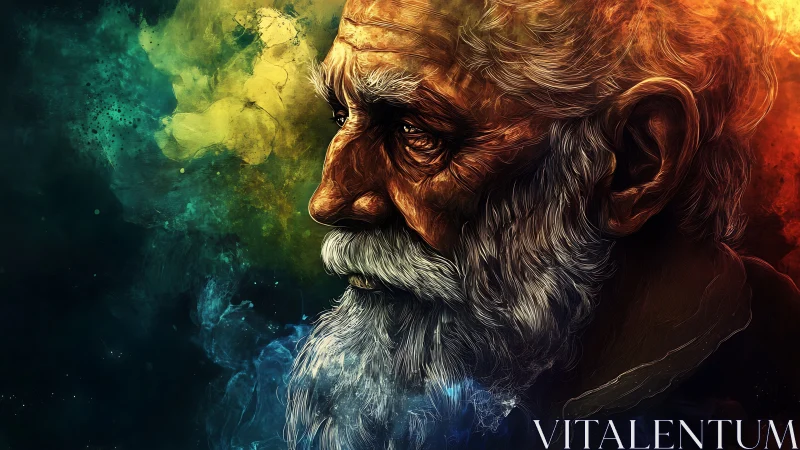 Elderly male profile is rendered in textured digital color