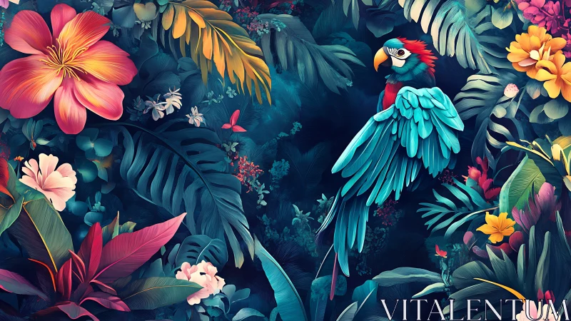 Tropical macaw rendered in saturated neon jungle foliage.