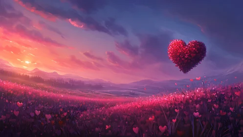 Heart-Shaped Cloud Above Pink Flower Field at Sunset