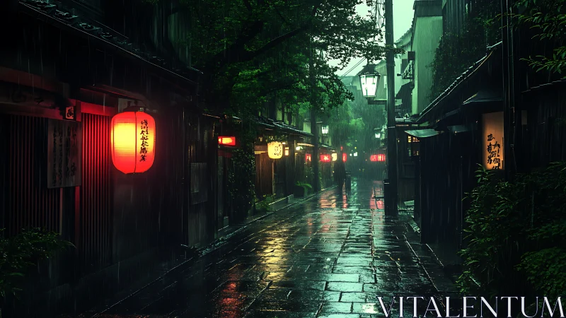 Rain-soaked Japanese alley reflects lantern light at night