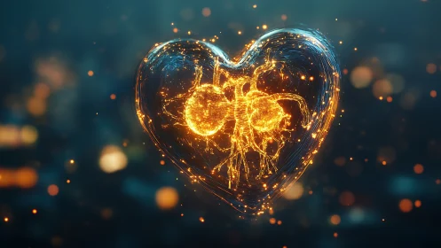 Glowing Heart with Golden Internal Anatomy.