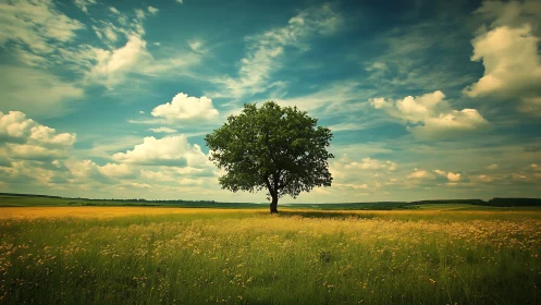 Solitary deciduous tree in wide summer grassland under sky.