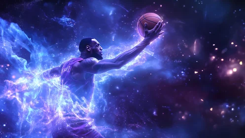Dynamic cosmic basketball drive with neon particle energy trails