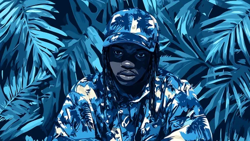 Digital portrait of person in blue foliage environment background.