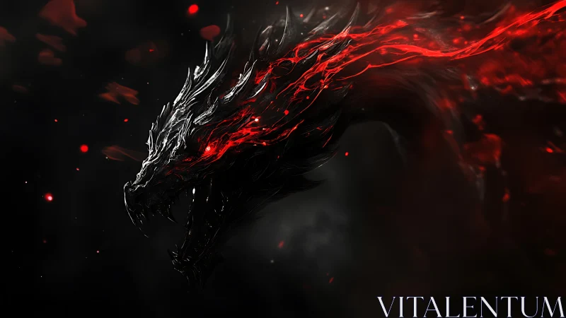 Fierce shadow dragon framed in glowing red embers of night.