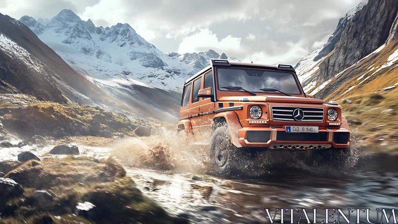 Orange Mercedes SUV powers through icy alpine stream.