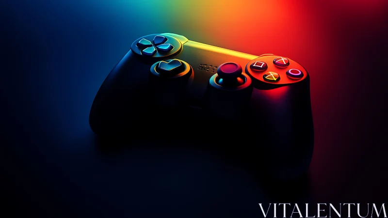 Neon Game Controller Against Rainbow Gradient Background.