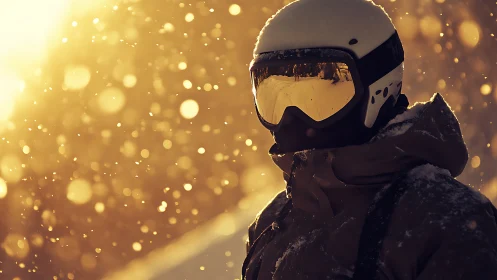 Snow-dusted rider glows in golden backlit winter storm.