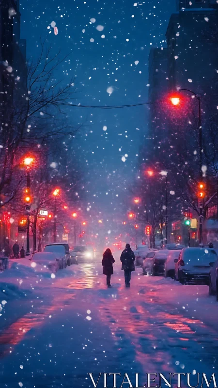 Digital painting of snowy neon city street in dusk blizzard.