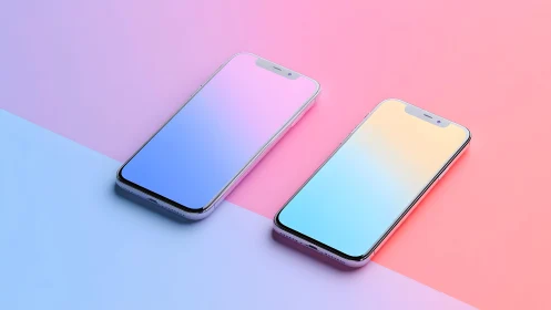 Two modern smartphones with gradient screens on pastel background.