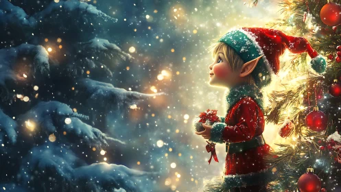 Small elf in red suit standing by lit Christmas tree at night.