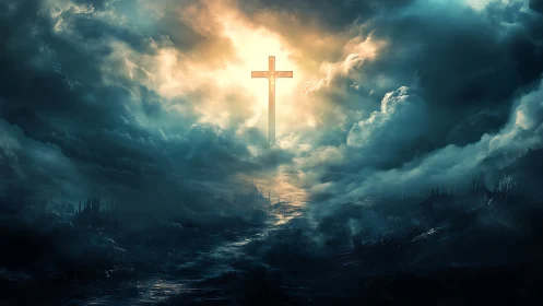 Radiant cross emerges above storm-torn apocalyptic seascape.