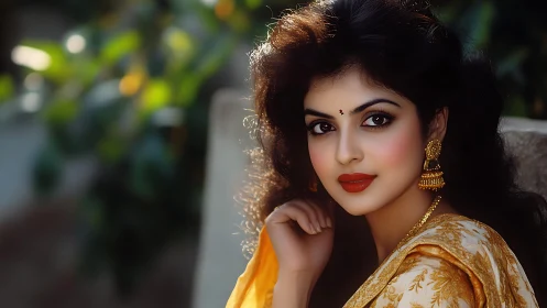 Portrait captures poised woman in golden saree under soft light