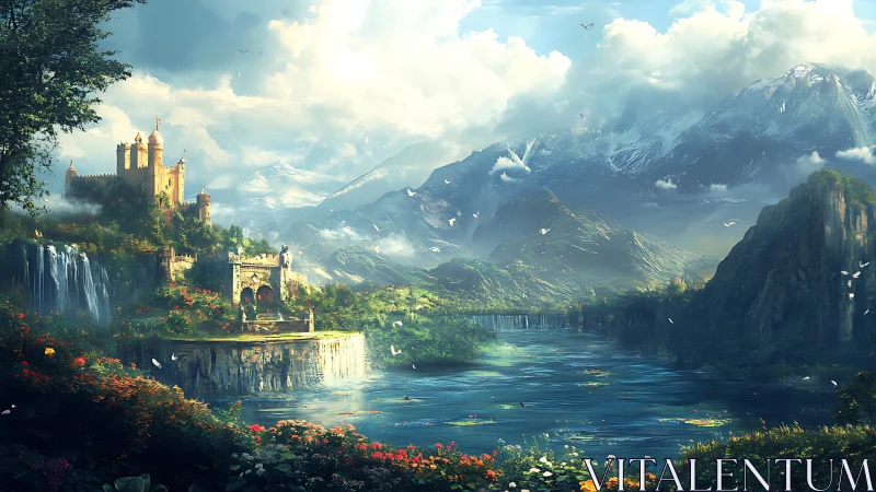 Sunlit riverside citadel in alpine fantasy valley panorama