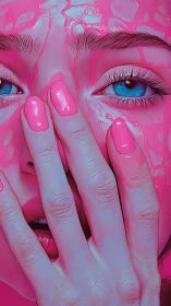 Hyperreal pink portrait isolates tactile tension and gaze