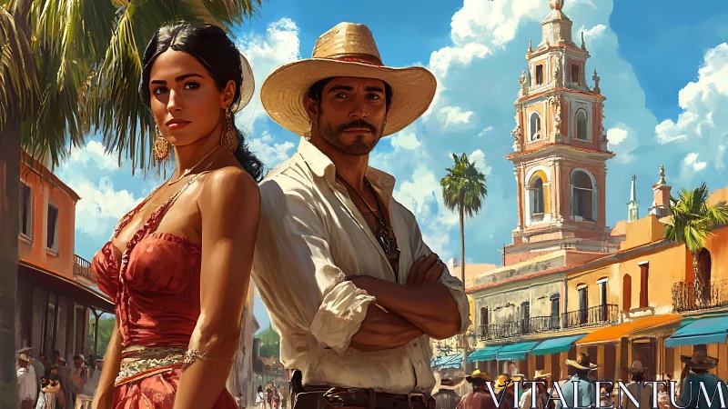 Elegant couple stands proud in a sunlit colonial plaza.