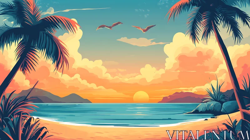 Vectorial tropical sunset seascape with stylized palm silhouettes.