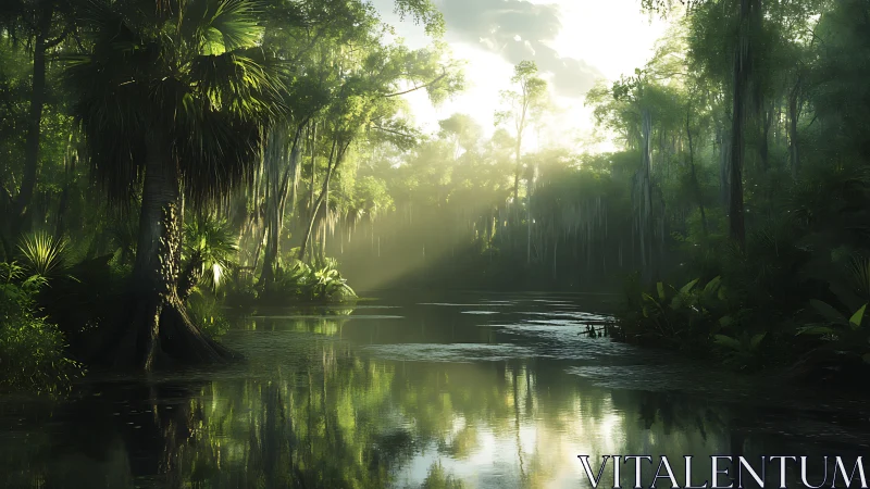 Flooded forest canopy with sunlit water channel.
