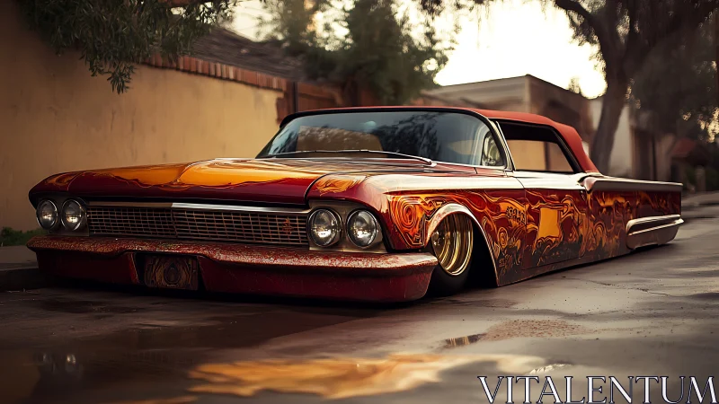 Low-profile custom vintage car is parked on wet pavement
