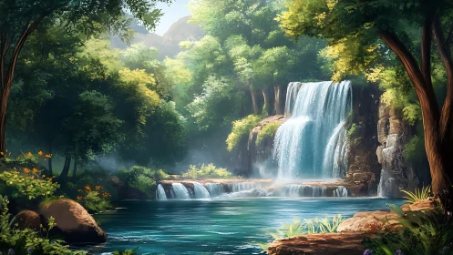 Emerald forest falls whisper over crystal-blue dreaming pool.