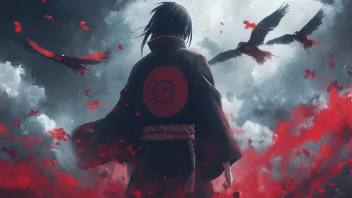 Lone warrior in crimson storm of crows and swirling clouds.