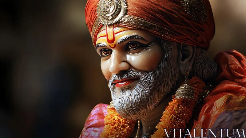 Radiant statue of Indian saint in orange ceremonial attire.