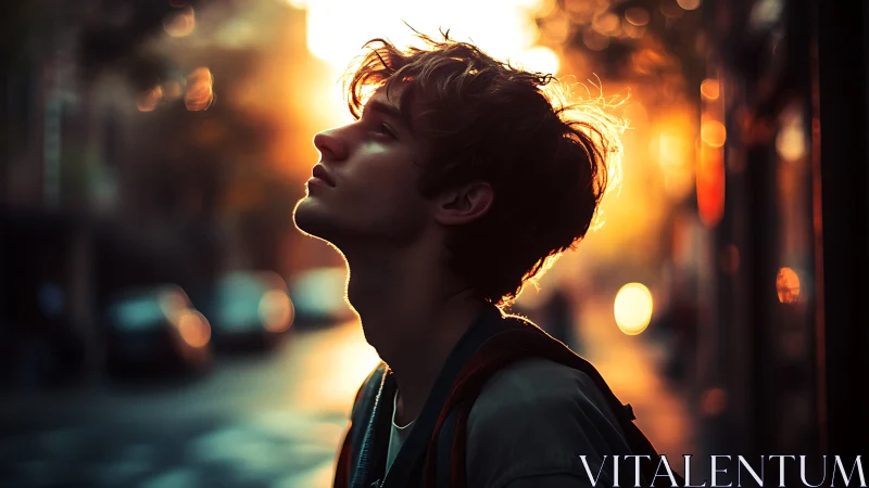 Backlit city portrait of young man in golden dusk glow.