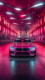 Neon tunnel predator car in electric magenta glow.