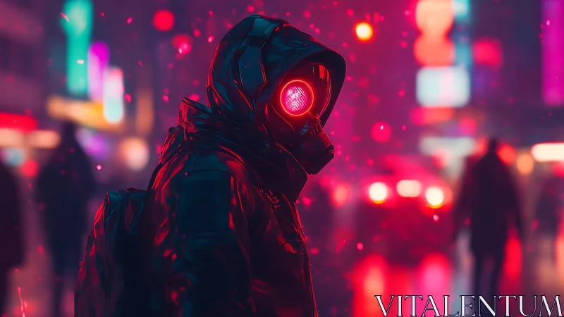 Hooded cyberpunk wanderer stalks neon city streets at night