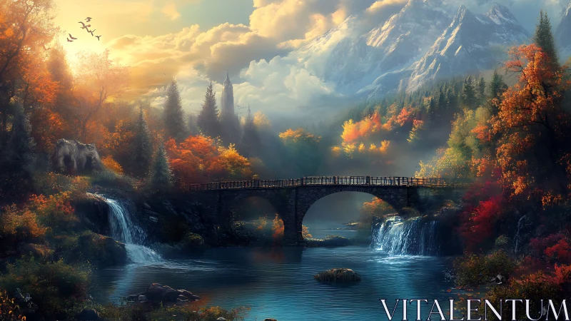 Autumn mountain river under stone bridge with misted light.