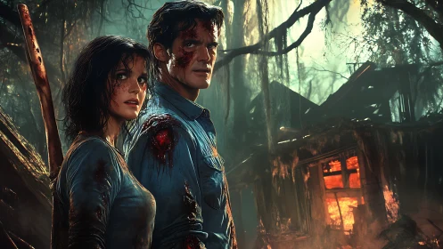 Injured survivors stand before burning cabin in swamp