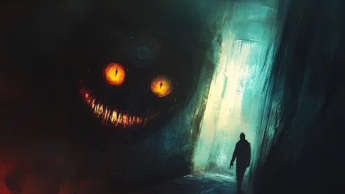 Lurking demon face with glowing eyes stalking lone wanderer.