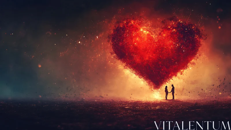 Burning Heart: Two Figures Beneath Fiery Sky.