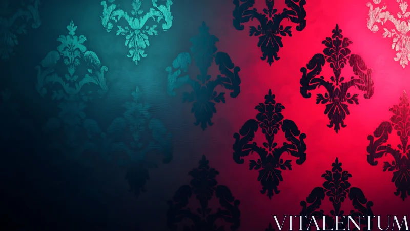 Dual tone damask wallpaper with teal and red lighting.
