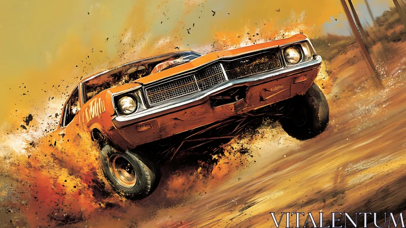 Off-road muscle car drift amid explosive desert dust spray