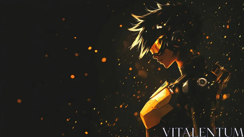 Profile view shows armored figure with visor amid orange particles