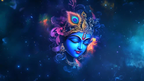 Celestial blue visage drifts like a jeweled moon in cosmos