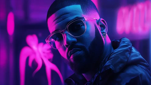 Neon-lit cyberportrait of urban subject in magenta-blue glow.