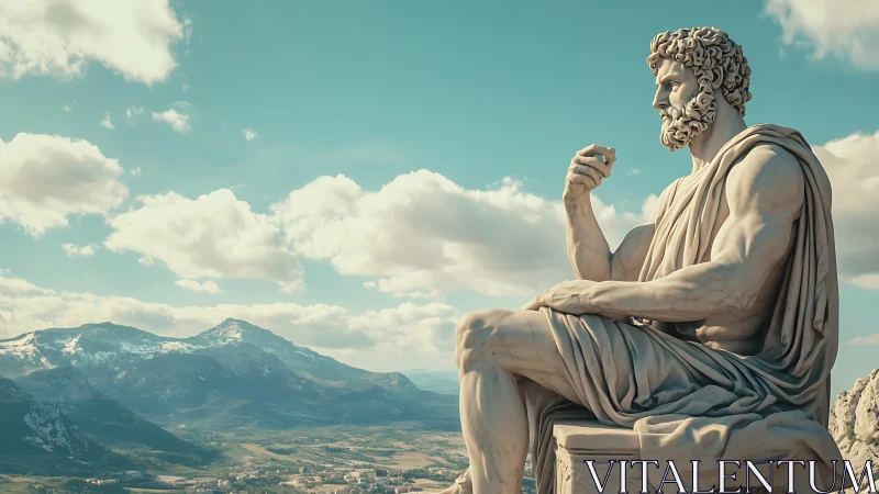 Monumental marble philosopher overlooks sunlit alpine valley