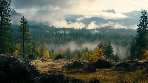 Atmospheric Mountain Valley with Fog-Laden Coniferous Forest and Layered Elevation
