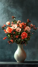 Coral Rose Radiance: Lush Blooms Dance in Cream Vase