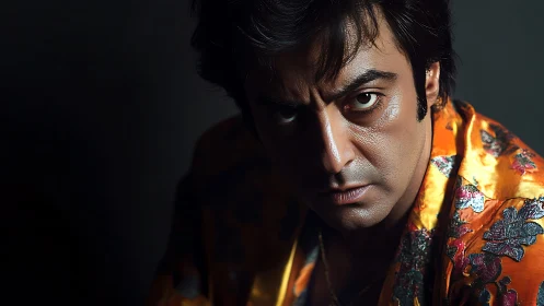 Male portrait in low-key lighting with patterned garment.