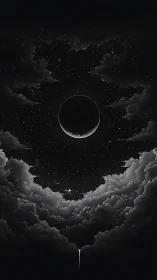 Luminous crescent moon hangs above stormy cosmic clouds